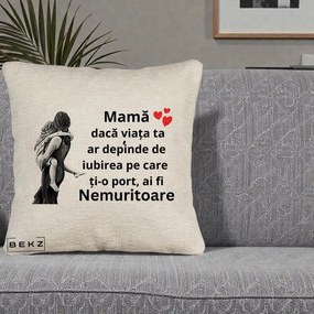 Cadou pentru Mama - Perna Personalizata Mama Nemuritoare Gravura Vintage, 40x40 cm, Bej Canapea, Husa Detasabila, Perna Inclusa, BEKZ®