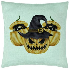 Perna Decorativa cu motiv Dovleac de Halloween 3, 40x40 cm, Verde Menta, Husa Detasabila, Burduf