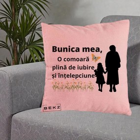 Cadou pentru Bunica - Perna Personalizata Bunica Mea Comoara Iubire Intelepciune Varianta Extinsa, 40x40 cm, Roz, Husa Detasabila, Perna Inclusa, BEKZ®