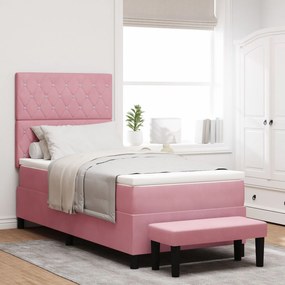vidaXL Pat cu Box Spring cu Saltea &amp; Bancă Roz 90x190 cm Catifea