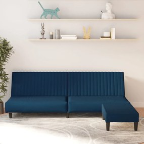 Canapea extensibilă cu 2 locuri și taburet, albastru, catifea