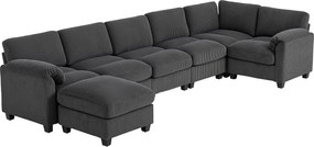 HOMCOM Colțar formă U canapea cu arcuri în buzunar, cotiere capitonate, otoman mobil, corduroy 292x224x85 cm Gri închis | Aosom Romania