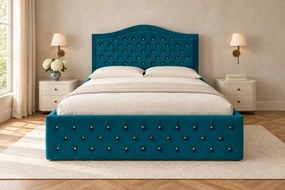 Pat tapițat Chesterfield din catifea Solaria Deluxe Cristal 180×200 cm, turcoaz, cu ladă de depozitare