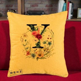 Cadou Personalizat - Perna Personalizata Monograma Florala Litera Y cu Coroana, 40x40 cm, Galben, Husa Detasabila, Perna Inclusa, BEKZ®