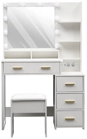 Set FREYA – Masă de Toaletă pentru Machiaj, Oglindă 10 becuri LED, Iluminare reglabila, Sertare, Rafturi, modul incarcare dubla priza+USB, Scaun, Alb