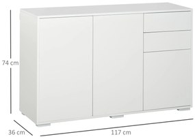 HOMCOM Bufet Comodă Antric, 2 Sertare, Push-Click, 117 cm x 36 cm x 74 cm, Alb | Aosom Romania