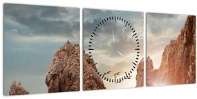 Tablou - Apus de soare peste stânci (cu ceas) (90x30 cm)