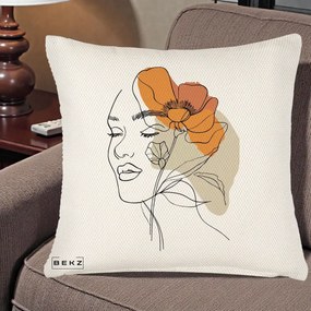 Perna Decorativa Portret Feminin Mac Mare Portocaliu, 40x40 cm, Crem Reliefat, Husa Detasabila, Perna Inclusa, BEKZ®