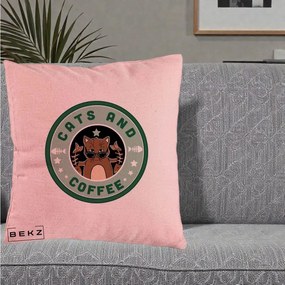 Perna Personalizata Cats and Coffee Starbucks, 40x40 cm, Roz, Husa Detasabila, Perna Inclusa, BEKZ®