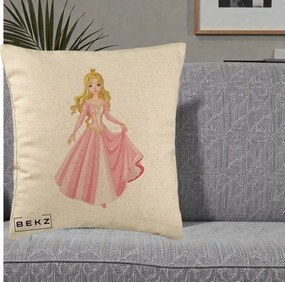 Perna Decorativa Printesa Aurora Rochie Roz, 40x40 cm, Bej, Husa Detasabila, Perna Inclusa, BEKZ®