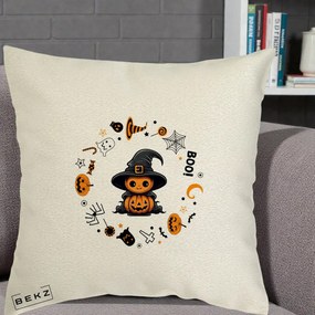 Perna Decorativa Halloween Dovleac Vrajitor Boo cu Simboluri, 40x40 cm, Ecru, Husa Detasabila, Perna Inclusa, BEKZ®