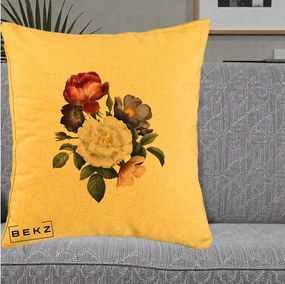 Perna Decorativa Buchet Trandafiri Bujori Botanical, 40x40 cm, Galben, Husa Detasabila, Perna Inclusa, BEKZ®