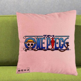 Perna Personalizata One Piece Clasic Albastru, 40x40 cm, Roz, Husa Detasabila, Perna Inclusa, BEKZ®