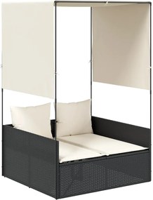 vidaXL Șezlong de plajă dublu cu acoperiș și perdele, negru, poliratan