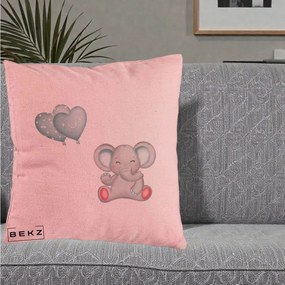 Perna Decorativa, Model Elefant si baloane in forma de inimioare, 40x40 cm, Roz, Husa Detasabila, Perna Inclusa, BEKZ®