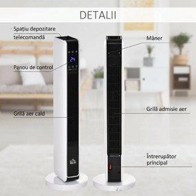 HOMCOM Încălzitor Electric Ceramic de 2200W cu 3 Moduri de Funcționare și Telecomandă, Alb | Aosom Romania