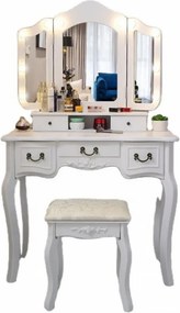 Set ELISABETA – Masă de Toaletă pentru Machiaj, cu 3 Oglinzi, Iluminare LED, Control Touch, 5 sertare, Scaun, Alb