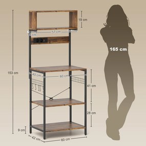 HOMCOM Raft de bucătărie, raft vertical cu 5 cârlige în S, 5 rafturi, priză, din oțel, Maro-rustic, 60 x 42 x 153 cm | Aosom Romania