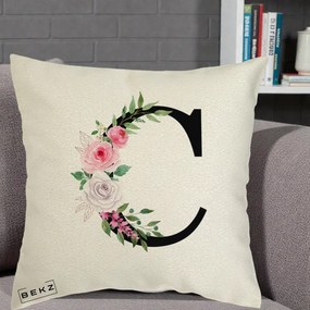 Cadou Personalizat - Perna Personalizata Monograma Florala Litera C, 40x40 cm, Ecru, Husa Detasabila, Perna Inclusa, BEKZ®