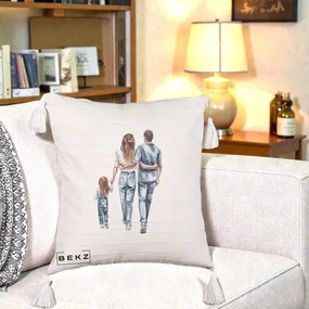 Cadou pentru Familie - Perna Personalizata Familie Acuarela Jeans, 40x40 cm, Bej cu Franjuri, Husa Detasabila, Perna Inclusa, BEKZ®