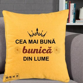 Cadou pentru Bunica - Perna Personalizata Cea Mai Buna Bunica Din Lume Coroana Mov Flori, 40x40 cm, Galben, Husa Detasabila, Perna Inclusa, BEKZ®