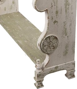 Consolă hol shabby chic din lemn, alb, cu 3 sertare, raft verde și ornamente sculptate, finisaj antichizat, 99 x 129 x 36 cm, „Lisette”