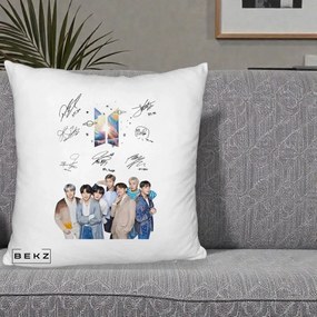 Perna Personalizata K-pop BTS Autografe Toti Membrii Fotografie, 40x40 cm, Alb Pufos, Husa Detasabila, Perna Inclusa, BEKZ®