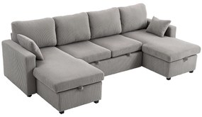 HOMCOM Canapea Extensibilă Modernă în Formă de U și Spații de Depozitare, Catifea Reiată, 282x140x86 cm, Gri | Aosom Romania