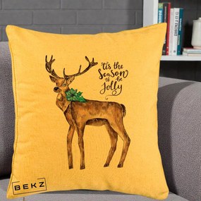 Perna Decorativa Ren Tis the Season to be Jolly, 40x40 cm, Galben, Husa Detasabila, Perna Inclusa, BEKZ®