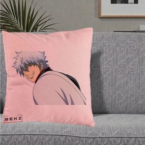Perna Personalizata Gintama Gintoki Portret cu Zambet, 40x40 cm, Roz, Husa Detasabila, Perna Inclusa, BEKZ®