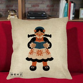 Perna Personalizata Fetita cu Carte Ilustratie Folk, 40x40 cm, Crem, Husa Detasabila, Perna Inclusa, BEKZ®