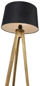 Lampă de podea vintage rustică cu trepied din lemn cu abajur din in negru 45 cm - Tripod Classic