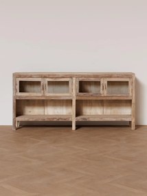 Bufet din lemn reciclat, natur, cu 4 uși vitrate și rafturi deschise, aspect rustic, finisaj natural, 89 x 192 x 34 cm, „Pinot”