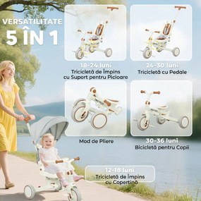 AIYAPLAY Triciclu pentru Copii 5 în 1 cu Spătar Reglabil, Triciclu pentru Copii cu Mâner de Împingere, Spătar Reglabil, Crem Alb | Aosom Romania