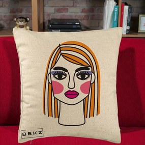Perna Decorativa Portret Pop Art Fata, 40x40 cm, Bej, Husa Detasabila, Perna Inclusa, BEKZ®