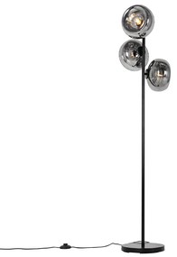 Lampă de podea Art Deco neagră cu sticlă fumurie cu 3 lumini - Ayesha
