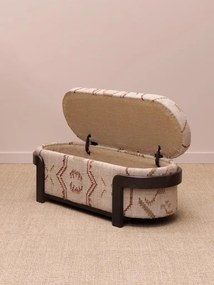 Banchetă tip cufăr din kilim de lână natur și bordo și lemn de acacia maro închis, cu spațiu de depozitare, finisaj mat, 47,5 x 132 cm, „Sienna”