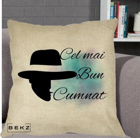 Cadou pentru Cumnat - Perna Personalizata Cel mai Bun Cumnat cu Silueta Palarie si Pete Teal-Roz, 40x40 cm, Crem, Husa Detasabila, Perna Inclusa, BEKZ®