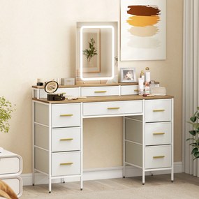 HOMCOM Masă de toaletă cu oglindă și lumini LED 3 culori, masă de machiaj 10 sertare din material textil, 118,5 x 39,5 x 140 cm natural | Aosom Romania