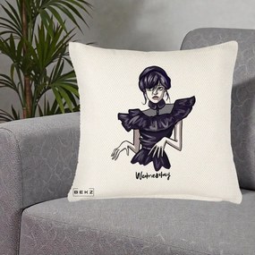 Perna Personalizata Wednesday Addams Dans Gotic, 40x40 cm, Crem Reliefat, Husa Detasabila, Perna Inclusa, BEKZ®