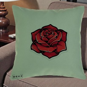 Perna Decorativa Trandafir Rosu Tattoo, 40x40 cm, Verde, Husa Detasabila, Perna Inclusa, BEKZ®