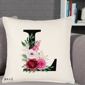 Cadou Personalizat - Perna Personalizata Monograma Florala Litera L, 40x40 cm, Crem Reliefat, Husa Detasabila, Perna Inclusa, BEKZ®