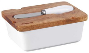 Cutie ceramica si cutit pentru unt Klausberg KB 7785, Capac lemn de salcam, Otel inoxidabil, Alb/Maro