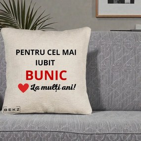 Cadou pentru Bunic - Perna Personalizata Pentru Cel Mai Iubit Bunic La Multi Ani Rosu, 40x40 cm, Bej Canapea, Husa Detasabila, Perna Inclusa, BEKZ®