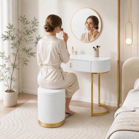 SEA75 - Set Masa toaleta, 100 cm, cosmetica, masa machiaj cu oglinda, masuta vanity cu scaun - Alb-Auriu