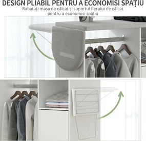 HOMCOM Dulap Multifuncțional cu Masă de Călcat | Blat din Tesatura Efect In | 3 Rafturi | Ghidaj pentru Agățat | 127x42.5x99 cm | Alb | Aosom Romania