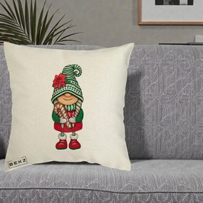 Perna Decorativa Gnom Craciun Verde cu Bomboane si Floare, 40x40 cm, Ecru, Husa Detasabila, Perna Inclusa, BEKZ®