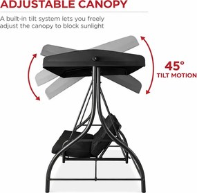 Leagan de grădină, șezlong tip pat, 3 locuri, copertina reglabila, cadru otel, 194x120x173 cm, Negru