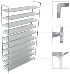 vidaXL Raft încălțăminte 10 etajere, metal și textil nețesut, argintiu