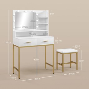HOMCOM Masă de Machiaj cu Oglindă LED, Scaun și Rafturi, 80x40x138 cm, Alb | Aosom Romania